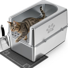 PWTAA boîte-litière en acier inoxydable ouverte, espace spacieux pour grands chats.