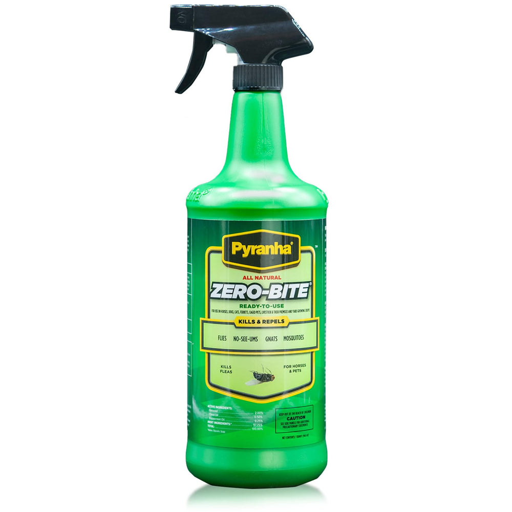 Pyranha Zero-Bite flacon vert prêt à l’emploi pour éloigner les insectes autour des animaux.