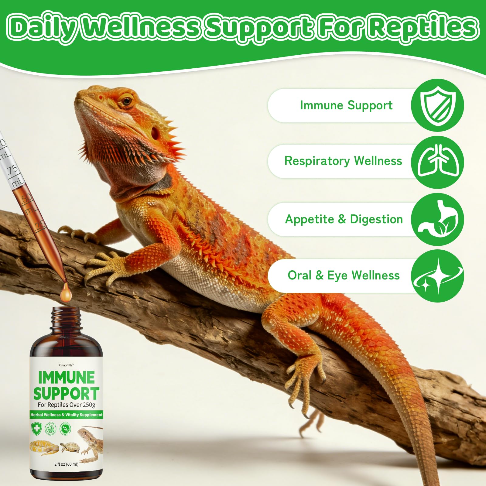 Gouttes Qanoreth favorisant le confort oculaire et respiratoire des reptiles.