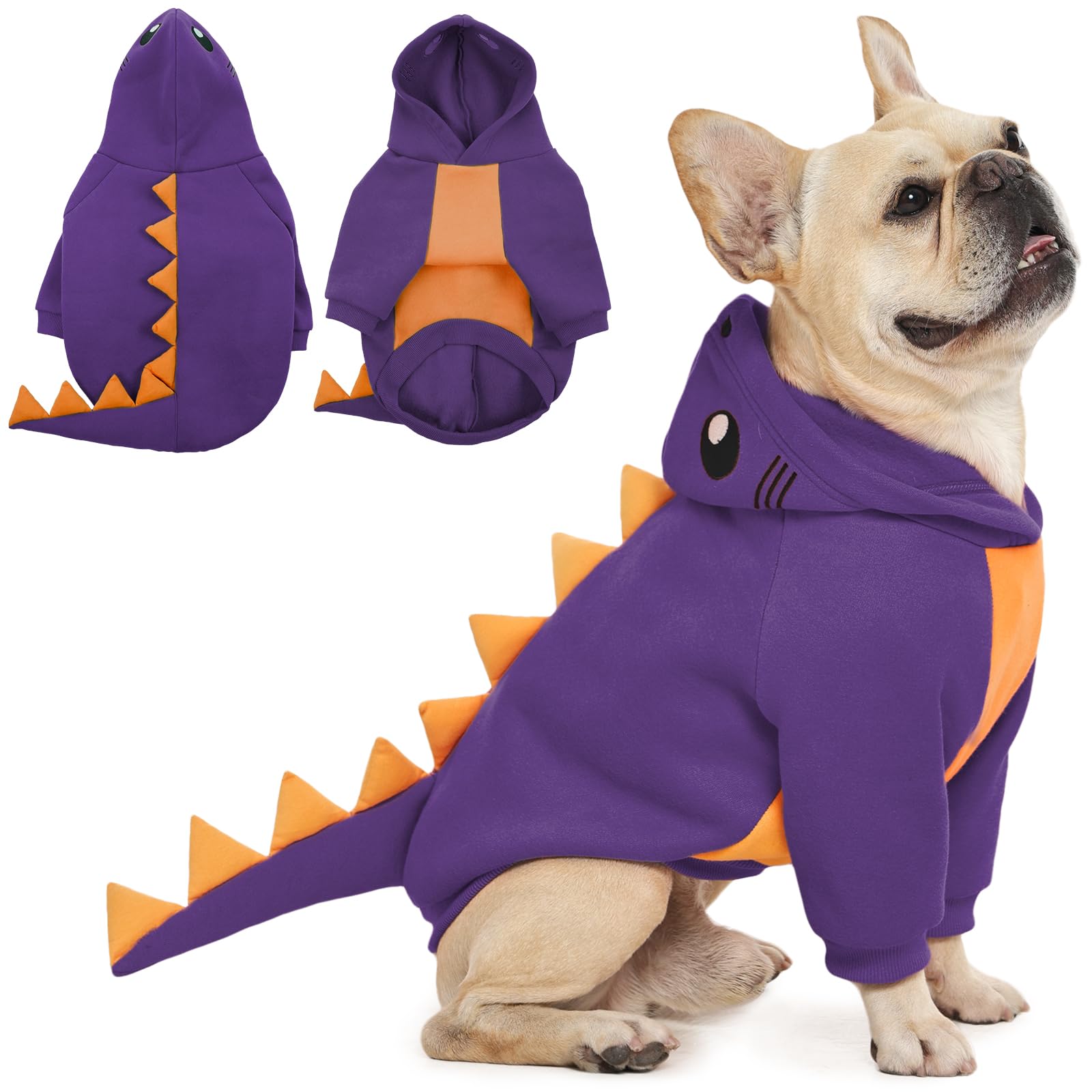Manteau Dino QBLEEV avec capuche et pics 3D pour chien, chaleur et style.