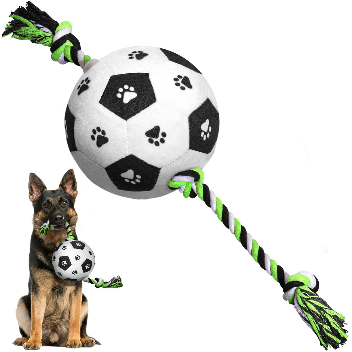 QDAN balle de soccer en peluche avec corde pour chien, idéale pour jeux interactifs et ramassage.