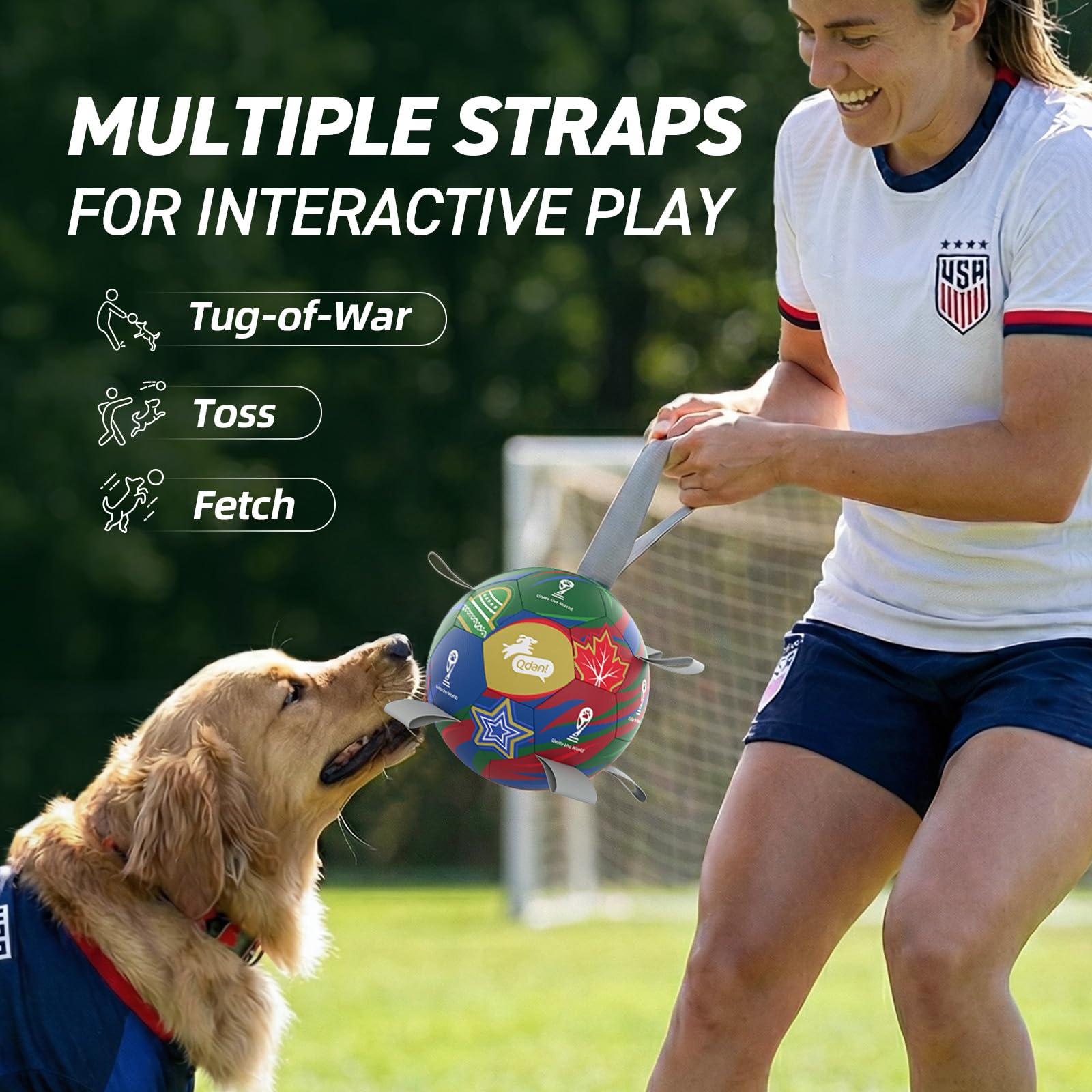 QDAN balle chien avec anses en nylon pour tirage et transport facile.