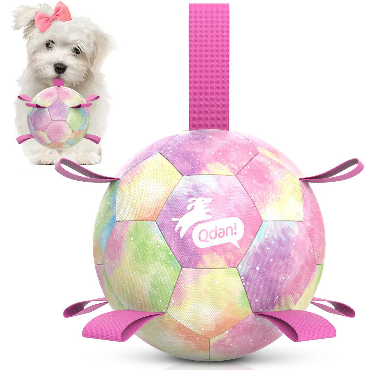 Balle QDAN pour chien avec attaches arc-en-ciel, idéale pour les jeux interactifs.
