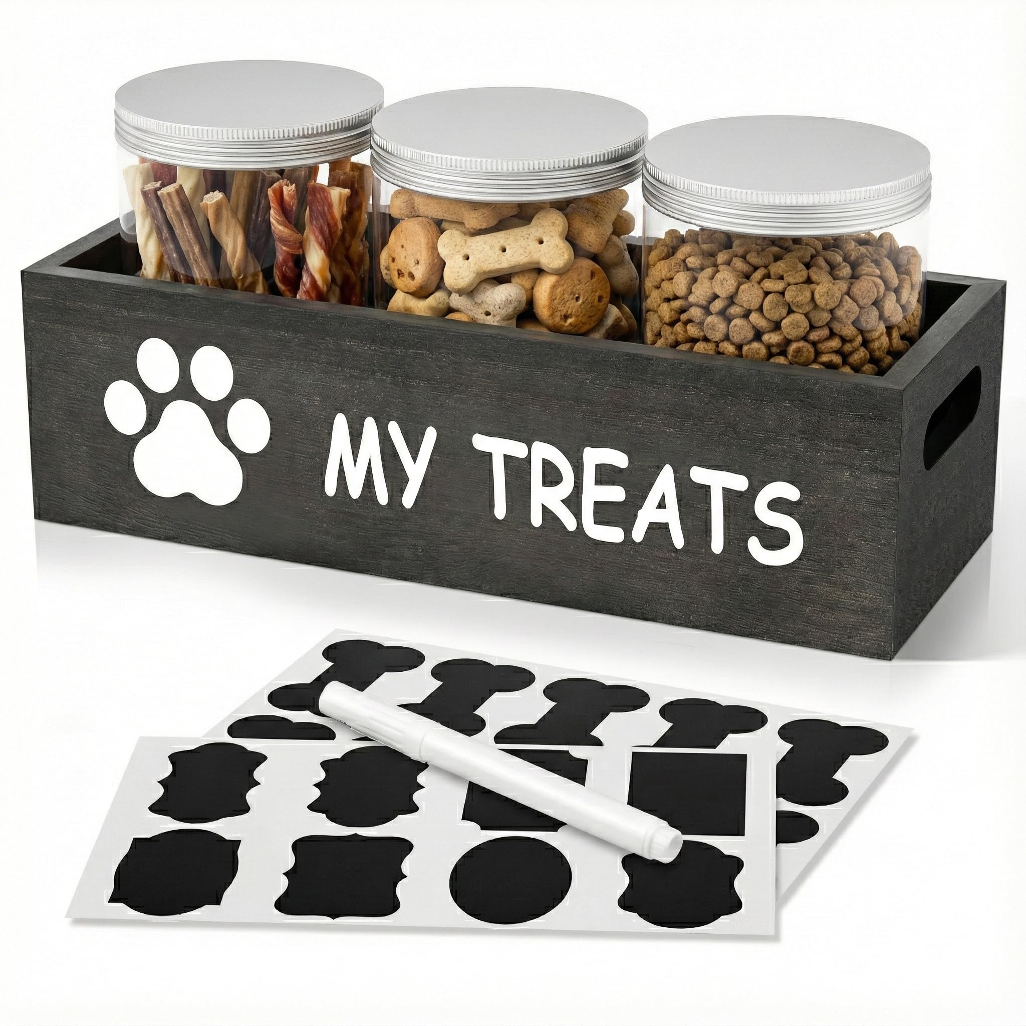 Boîtes hermétiques qeerable pour friandises chien, visuel clair sur plan de travail