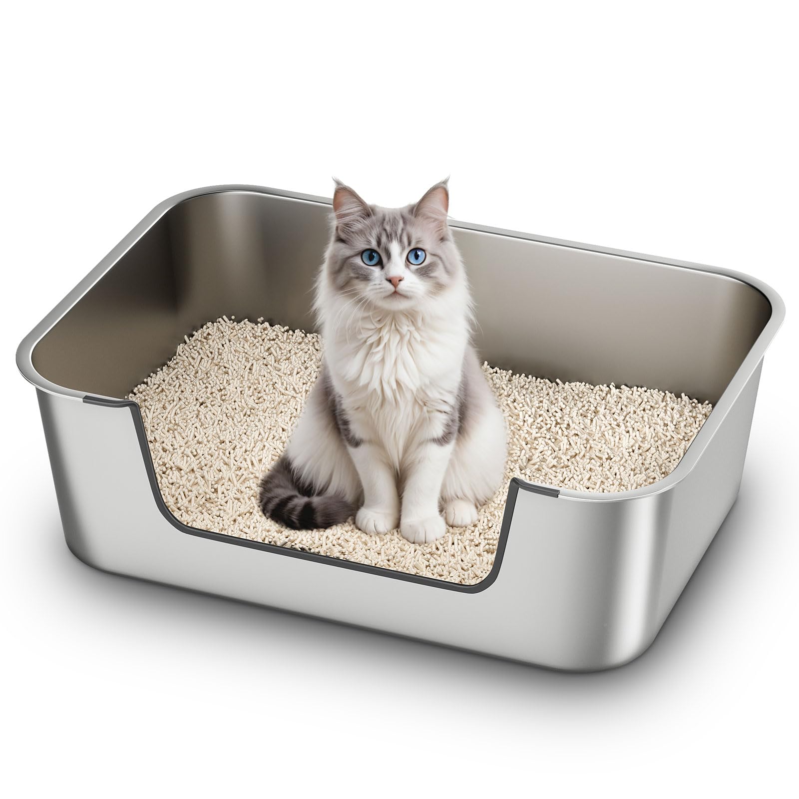 Qiuma Litière en acier inox avec entrée basse facilitant l’accès pour chaton et senior.