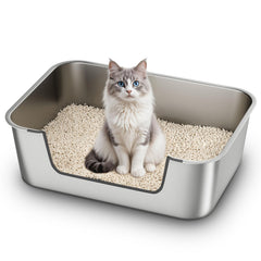Qiuma Litière en acier inox avec entrée basse facilitant l’accès pour chaton et senior.
