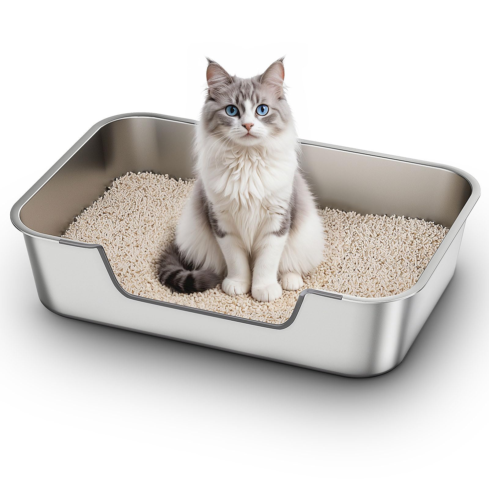 Qiuma Litière en acier inoxydable, entrée basse facilitant l’accès pour chats âgés.
