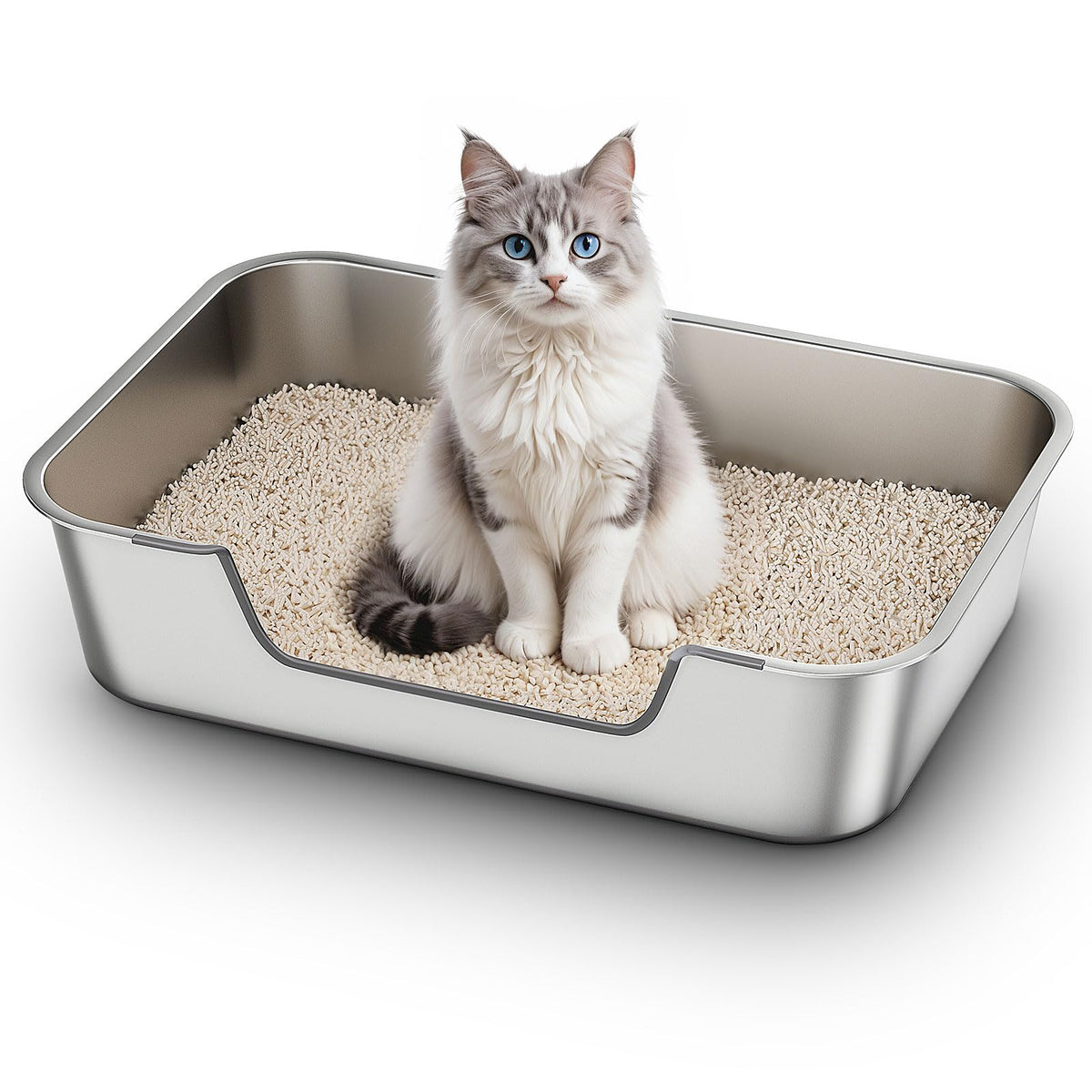 Qiuma Litière en acier inoxydable, entrée basse facilitant l’accès pour chats âgés.