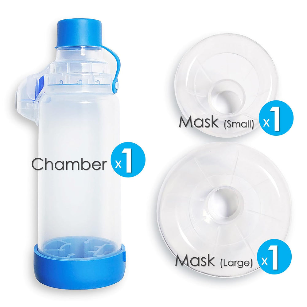 QMARK Inhaler Spacer montre la chambre acrylique transparente pour visualiser le médicament.