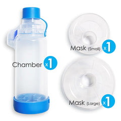 QMARK Inhaler Spacer montre la chambre acrylique transparente pour visualiser le médicament.
