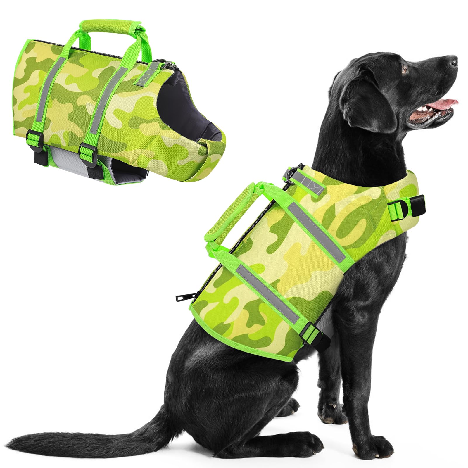 Gilet Queenmore pour chien en vert camouflage, natation en sécurité et flottabilité.