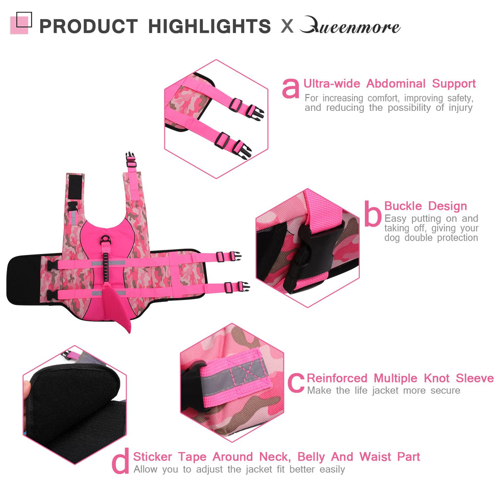 Queenmore gilet sauvetage chien rose camouflage ouverture fixations: facilité d'enfilage et sécurité.