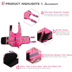 Queenmore gilet sauvetage chien rose camouflage ouverture fixations: facilité d'enfilage et sécurité.