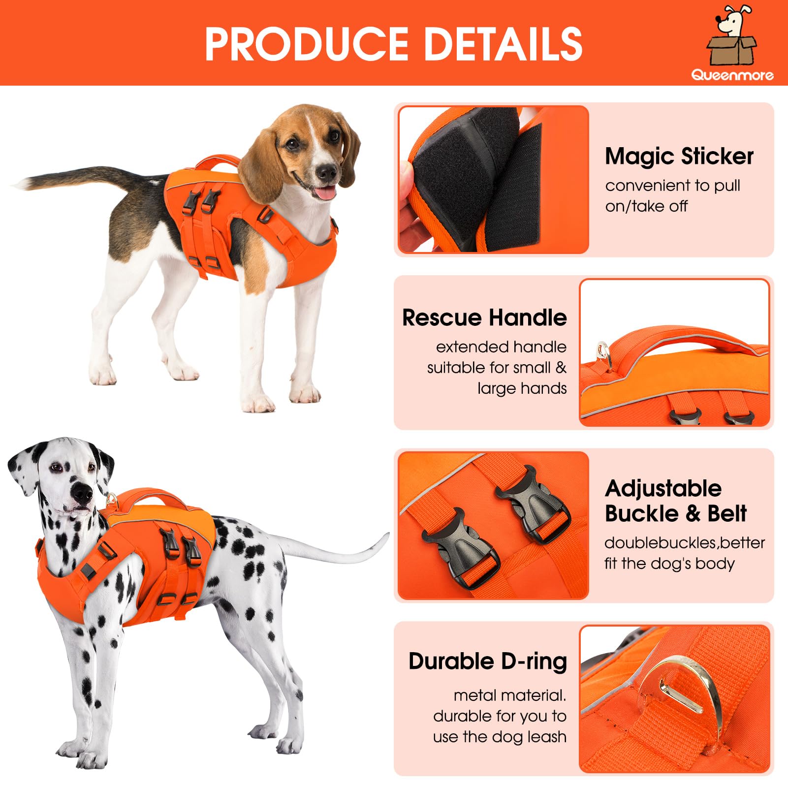 Queenmore gilet de vie chien orange vue dos, poignée et dispositif de sécurité