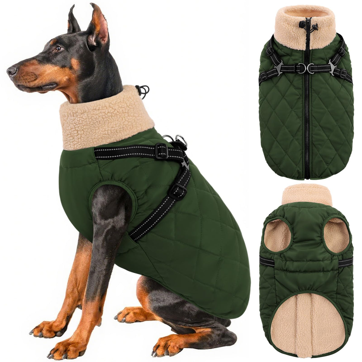 Queenmore manteau chien grand hiver ArmyGreen 2XL avec fermeture dos rapide.