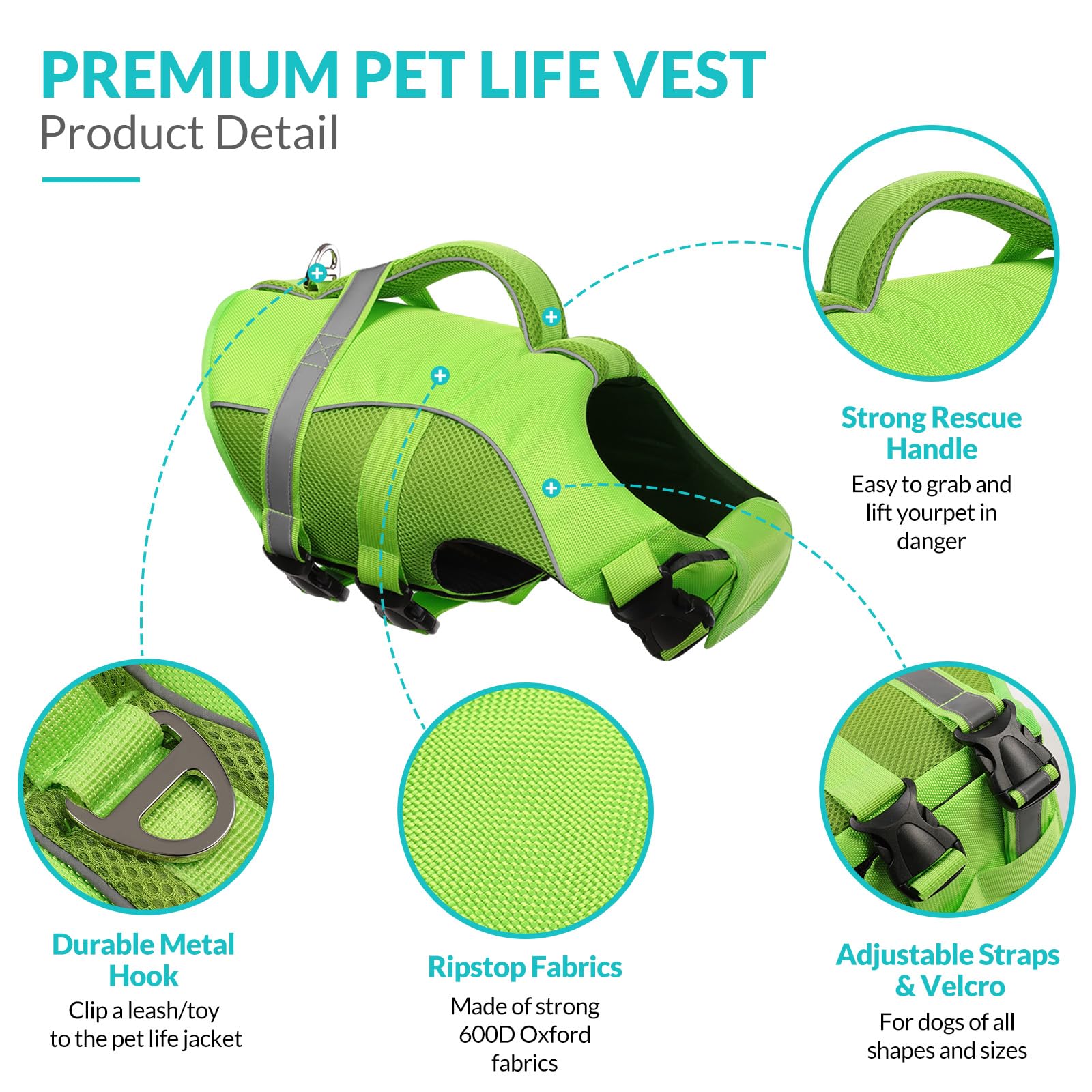 Poignée de secours renforcée du gilet Queenmore pour chien vert M.
