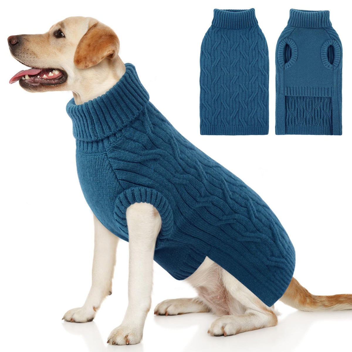 Pull Queenmore pour chien gros bleu 2XL porté, chaleur douce pour l'hiver.