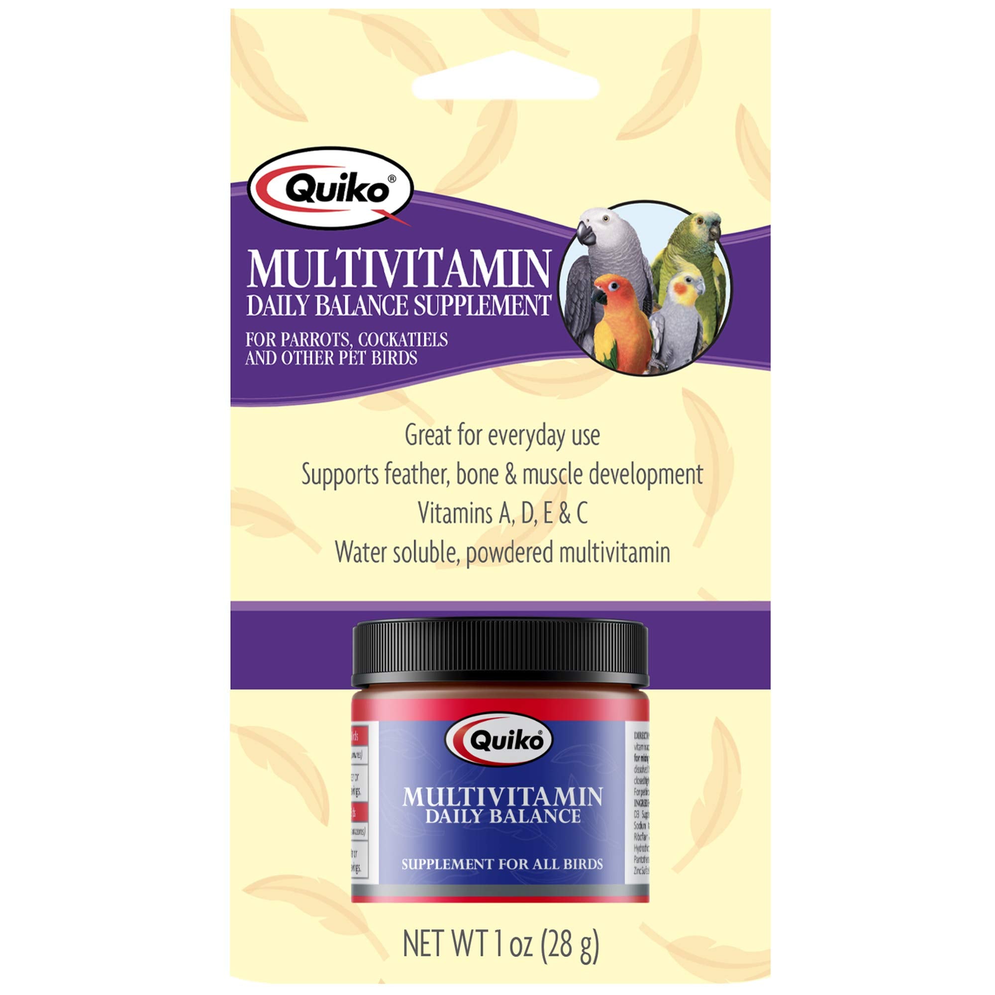 Quiko Multivitamin Daily Balance, flacon visible soutenant la vitalité des oiseaux.