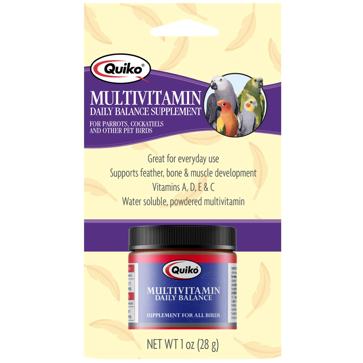 Quiko Multivitamin Daily Balance, flacon visible soutenant la vitalité des oiseaux.