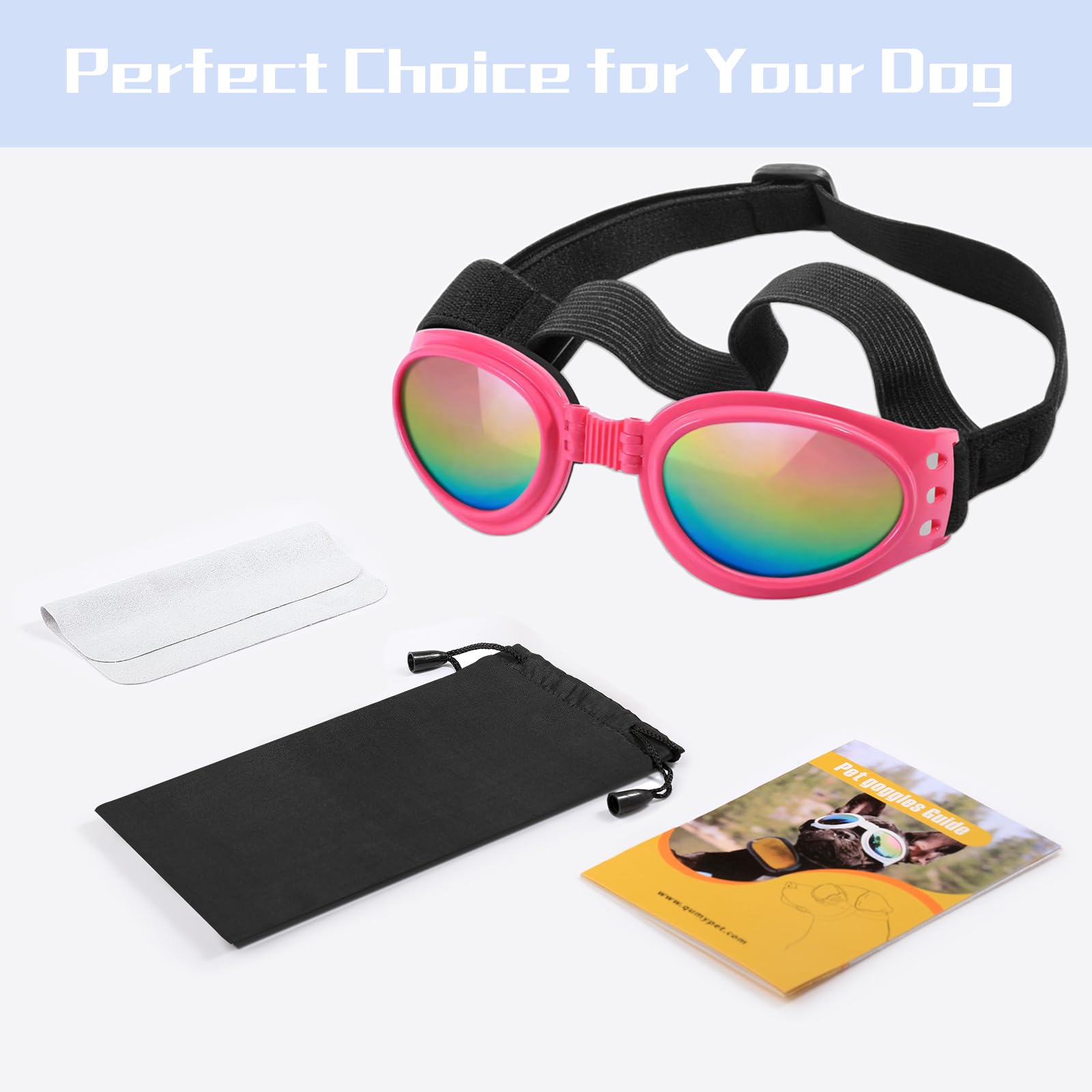 Utilisation plage et neige avec les lunettes QUMY pour chien, rose.