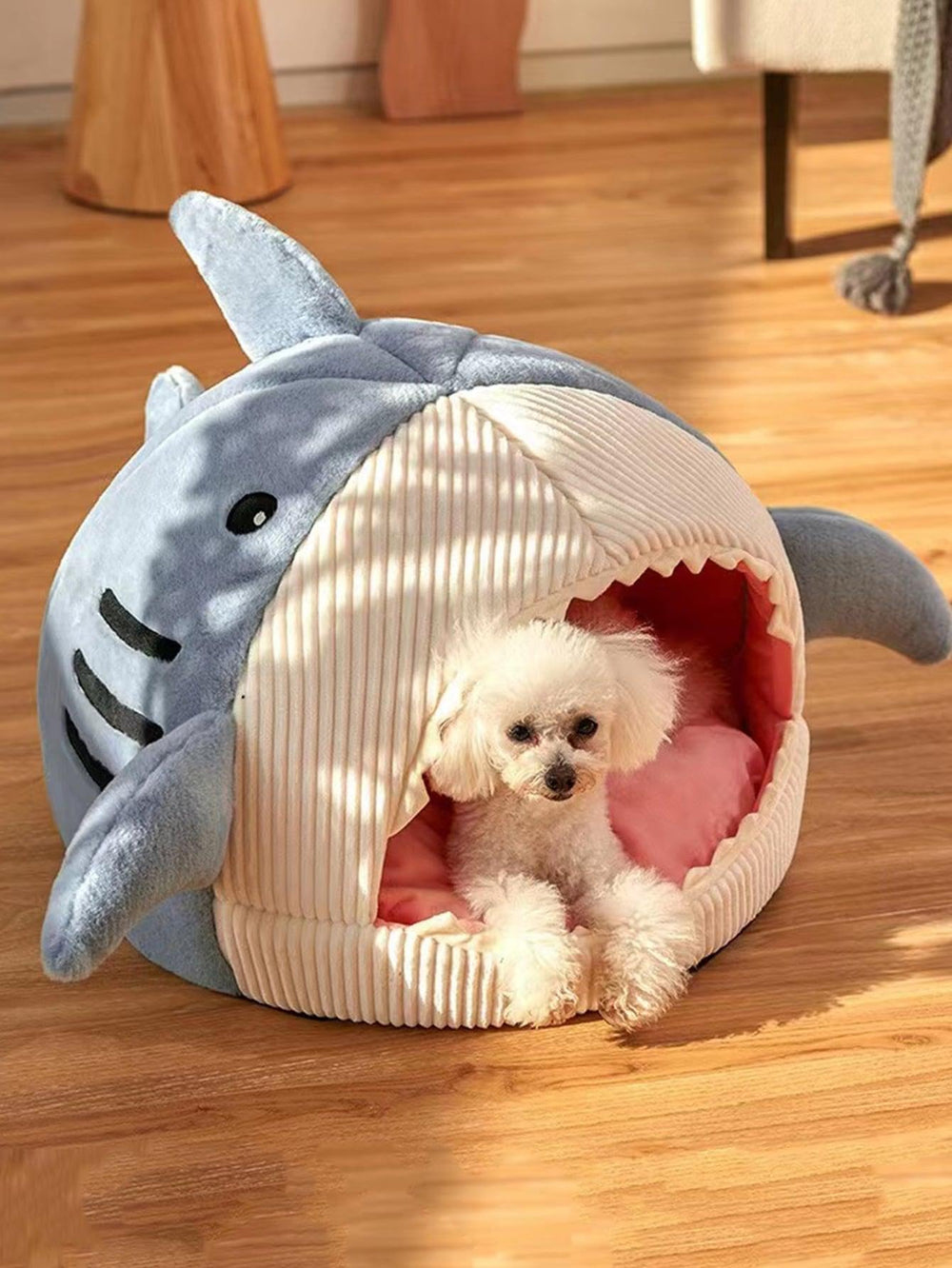 QWINEE Nid-chat Requin bleu, fond antidérapant garantissant stabilité pendant le repos et le jeu.