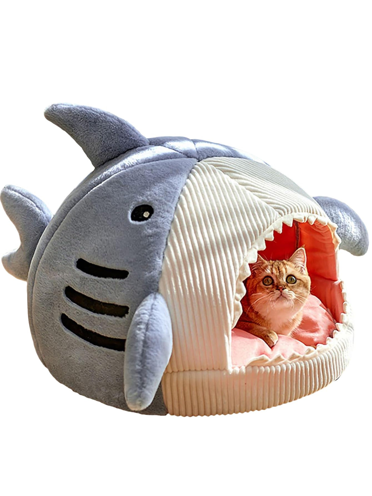 QWINEE Nid-chat Requin bleu, face avant ouverte, offrant un cocon confortable pour votre chat.