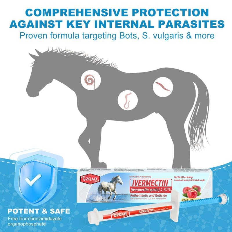 Étiquette QZQAB pâte ivermectine cheval, notice claire et facile à suivre.