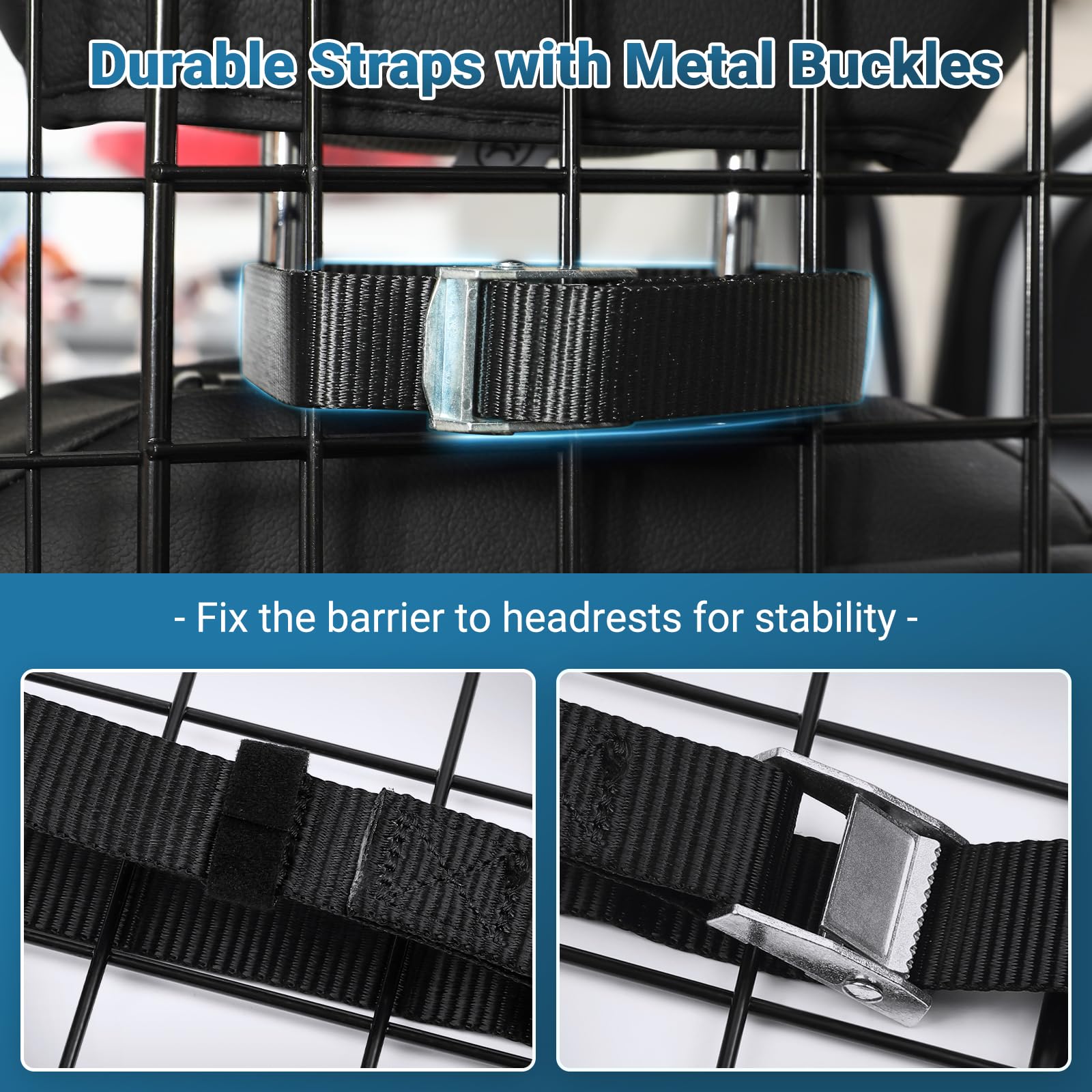Barrière Rabbitgoo avec sangles et poignées pour fixation sur les appuis-tête.
