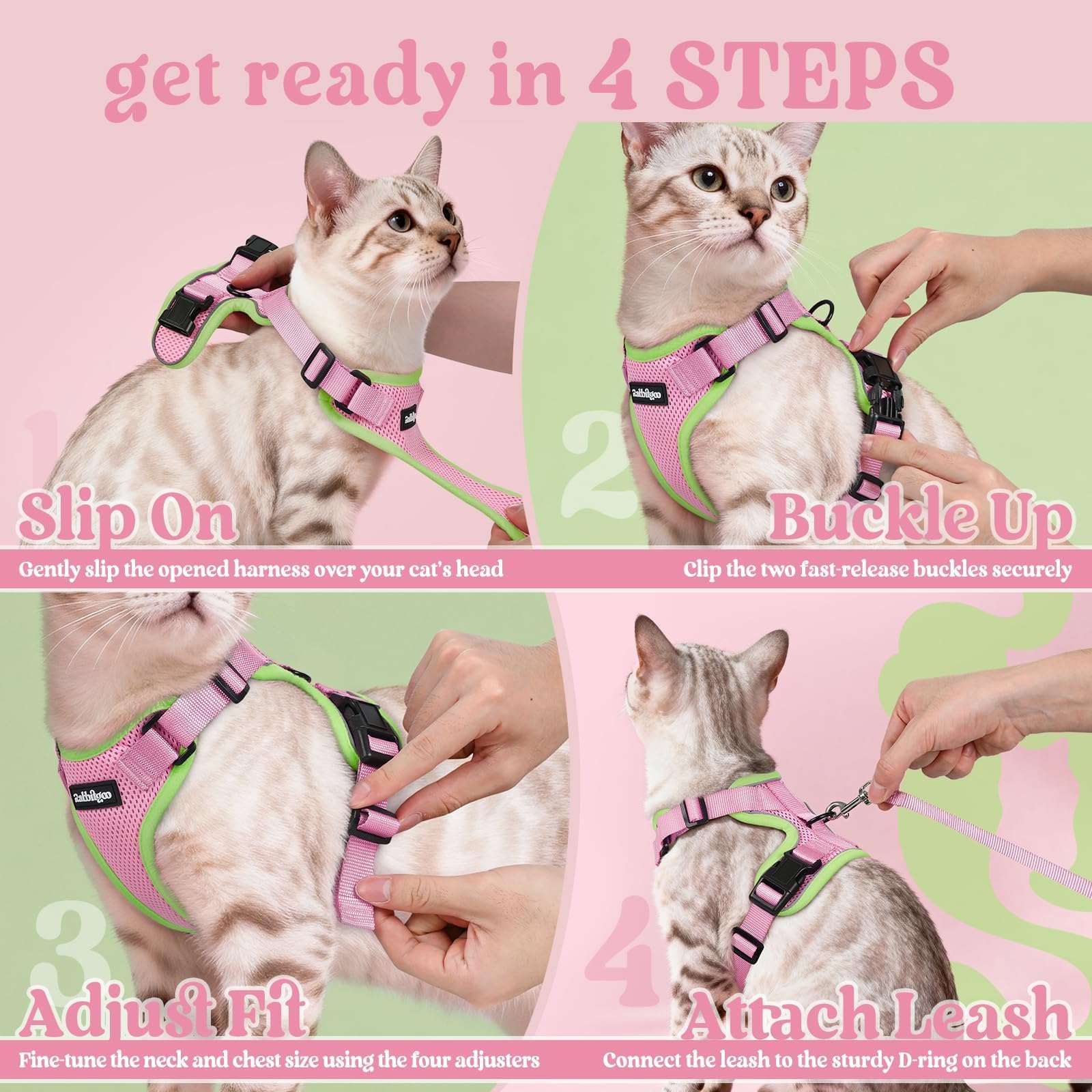 Rabbitgoo harnais rose et vert clair pour petit chat