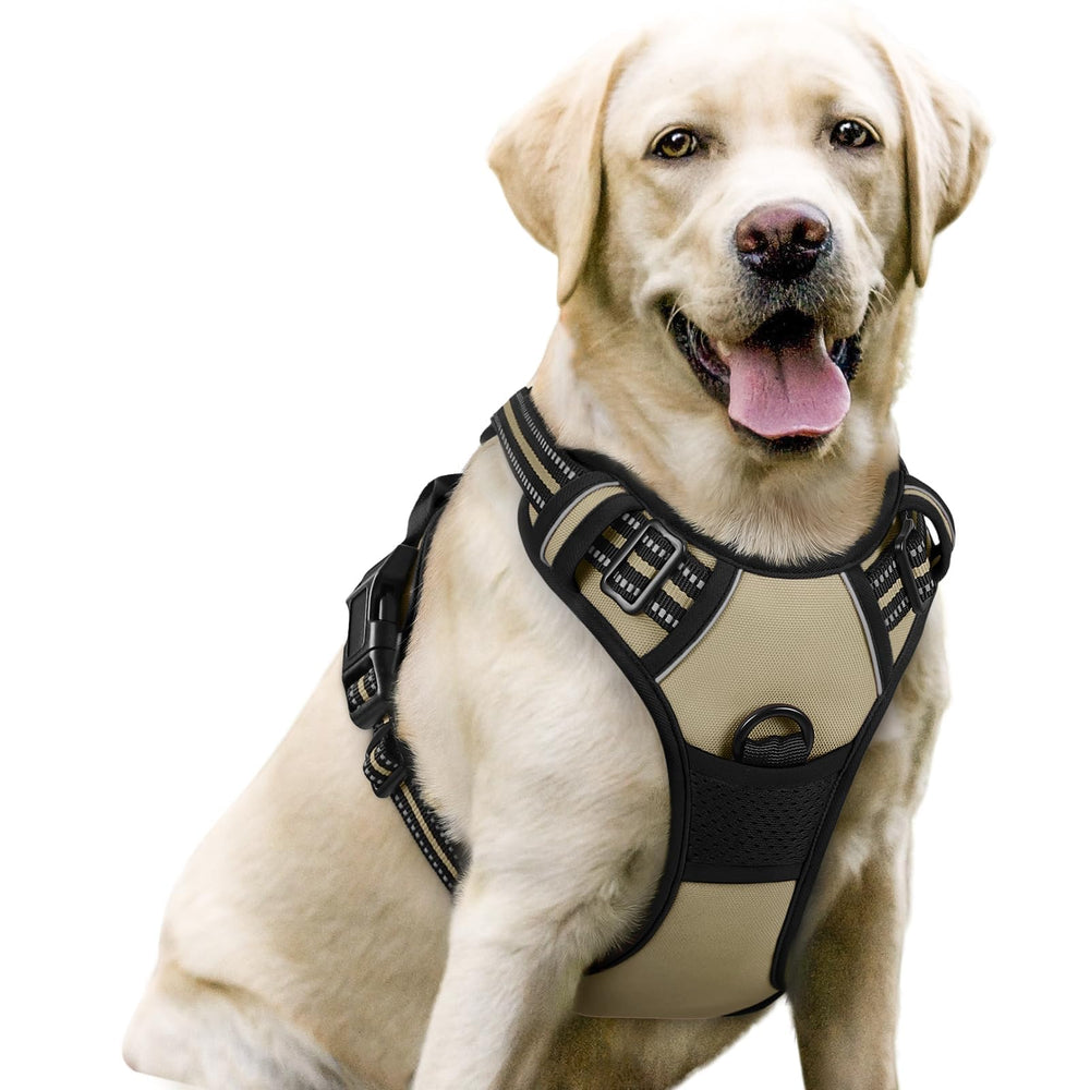 Harnais Rabbitgoo pour chien beige — avant, système anti-traction pour promenades plus calmes.