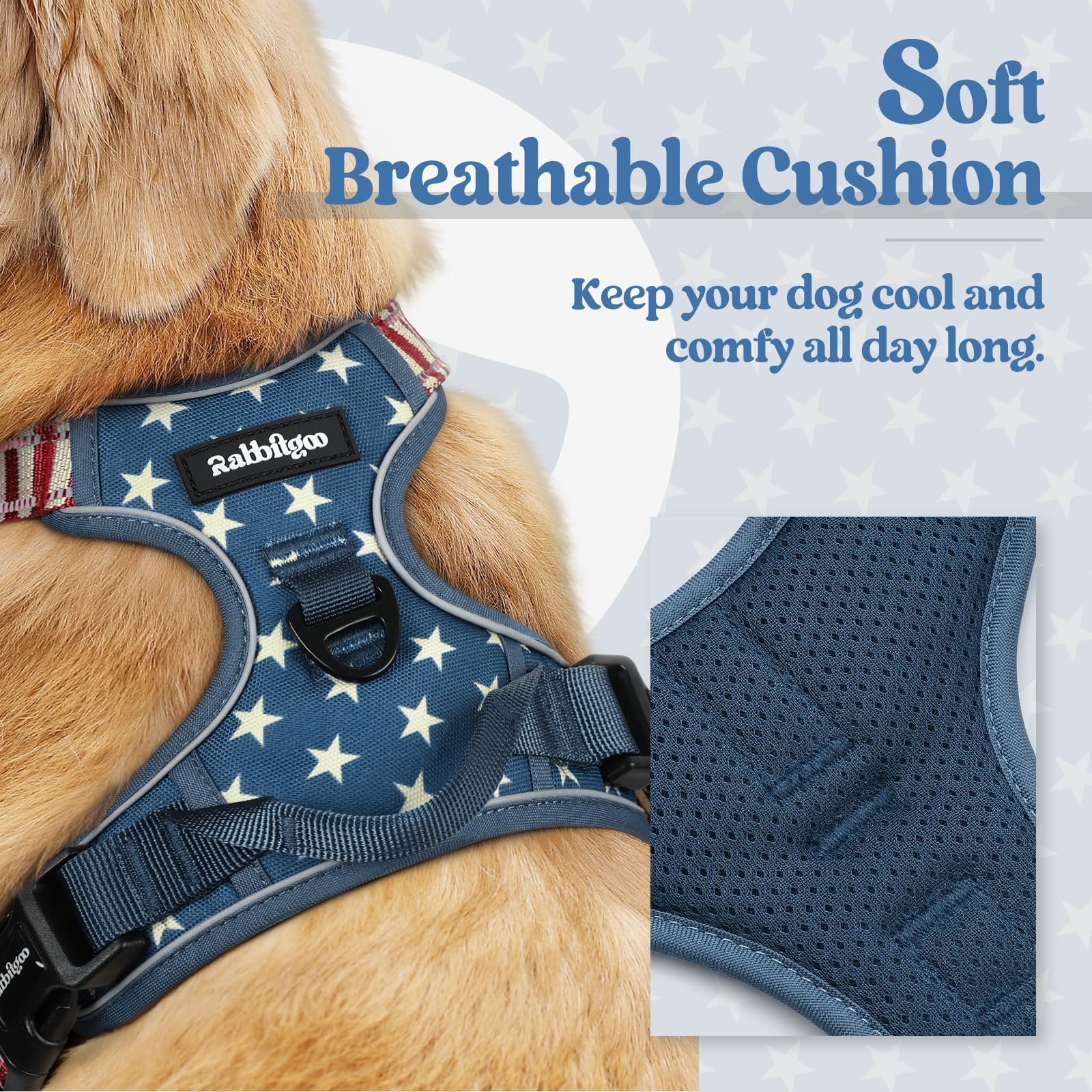 Harnais Rabbitgoo bleu étoile, vue arrière, réglable pour chien.