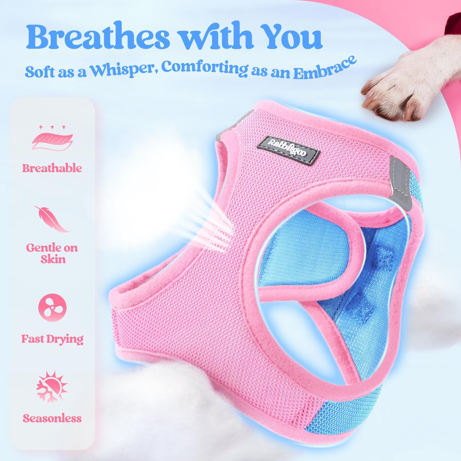 Harnais en mesh respirant Rabbitgoo bleu pâle, confort thermique optimal lors des sorties.