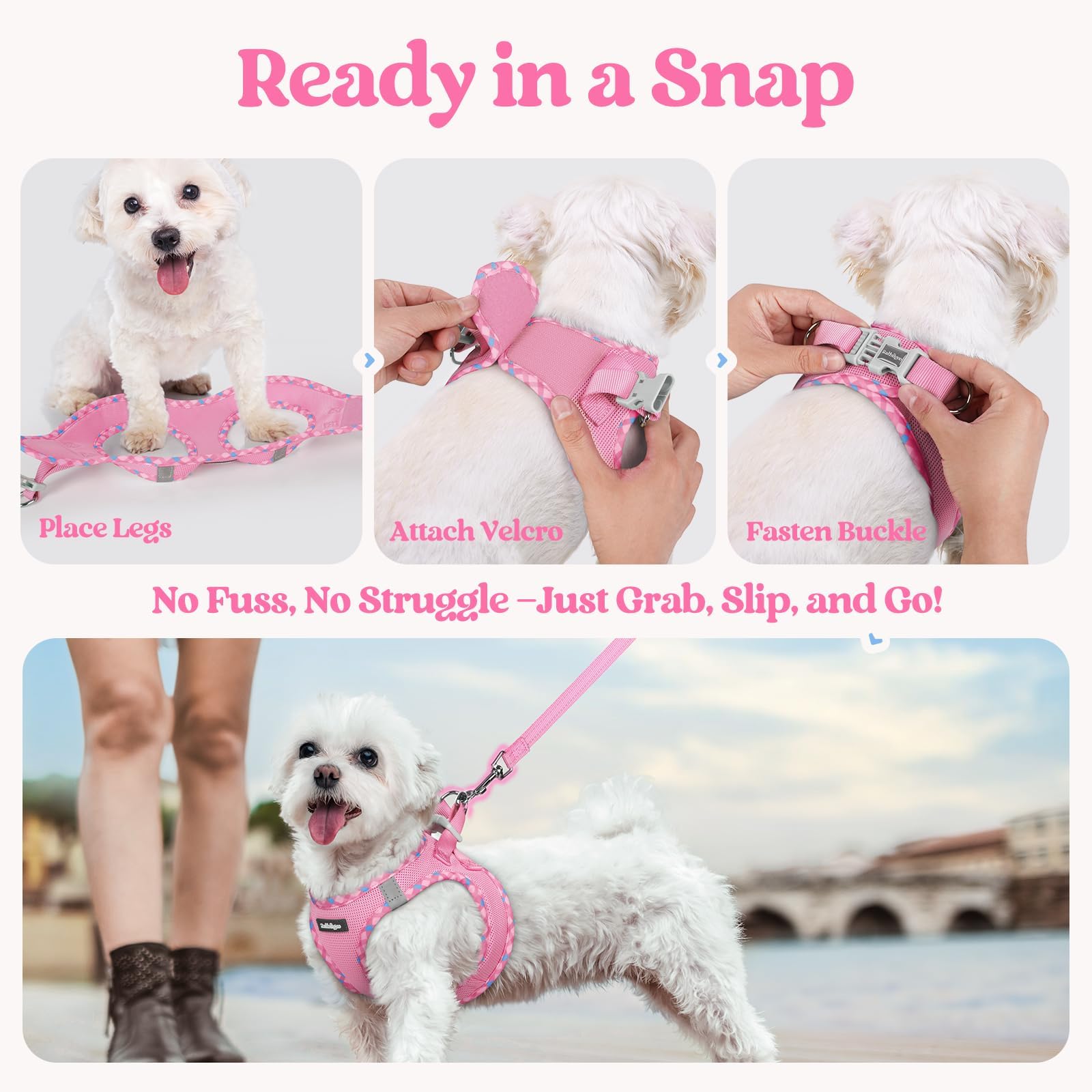 Harnais Rabbitgoo rose et carreaux, design élégant et facile à contrôler.