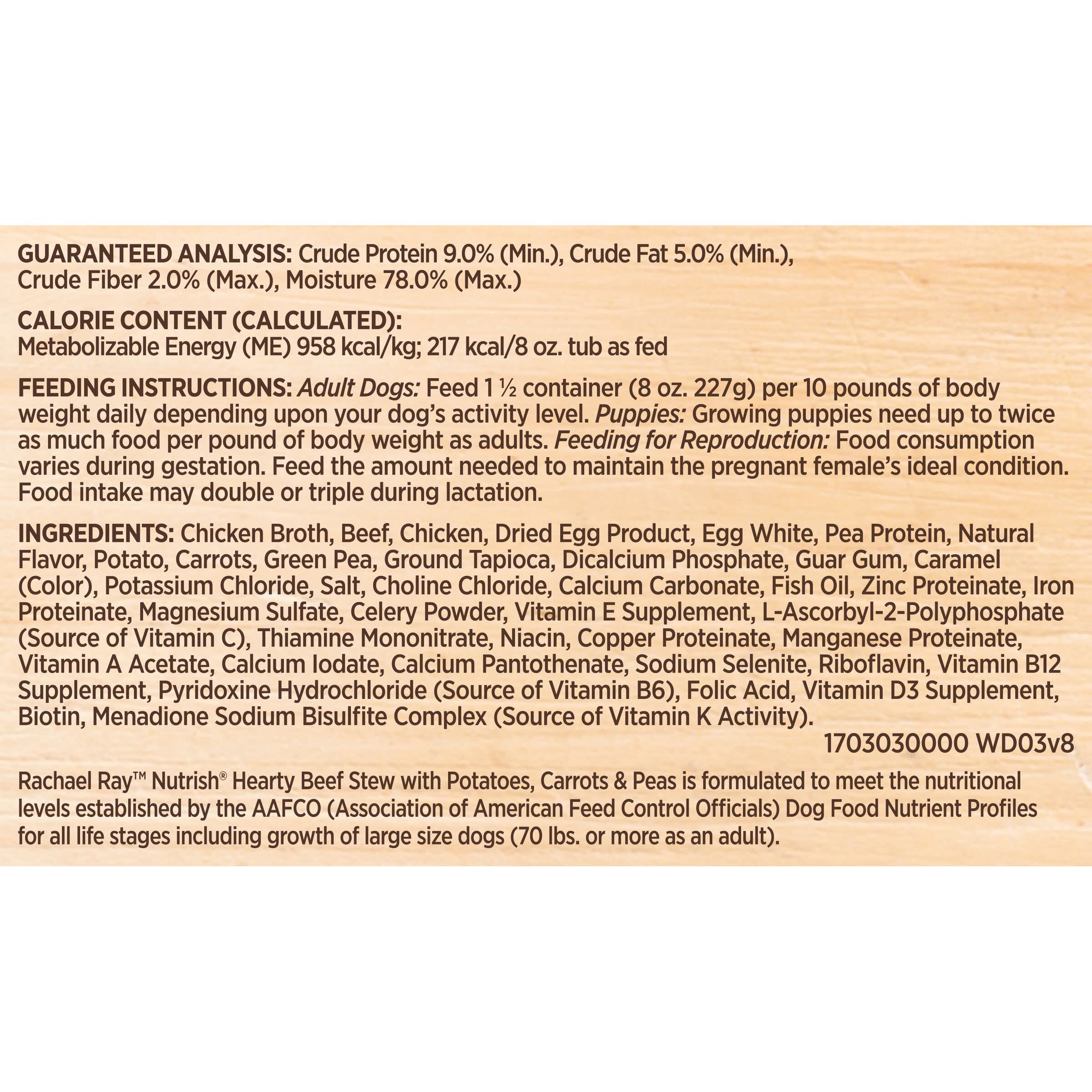 Rachael Ray Nutrish ragout boeuf avec pois et carottes, fibres utiles pour une digestion saine.