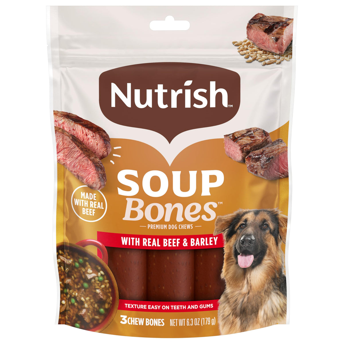 Soup Bones Nutrish au bœuf réel et orge, récompense appréciée lors des promenades.