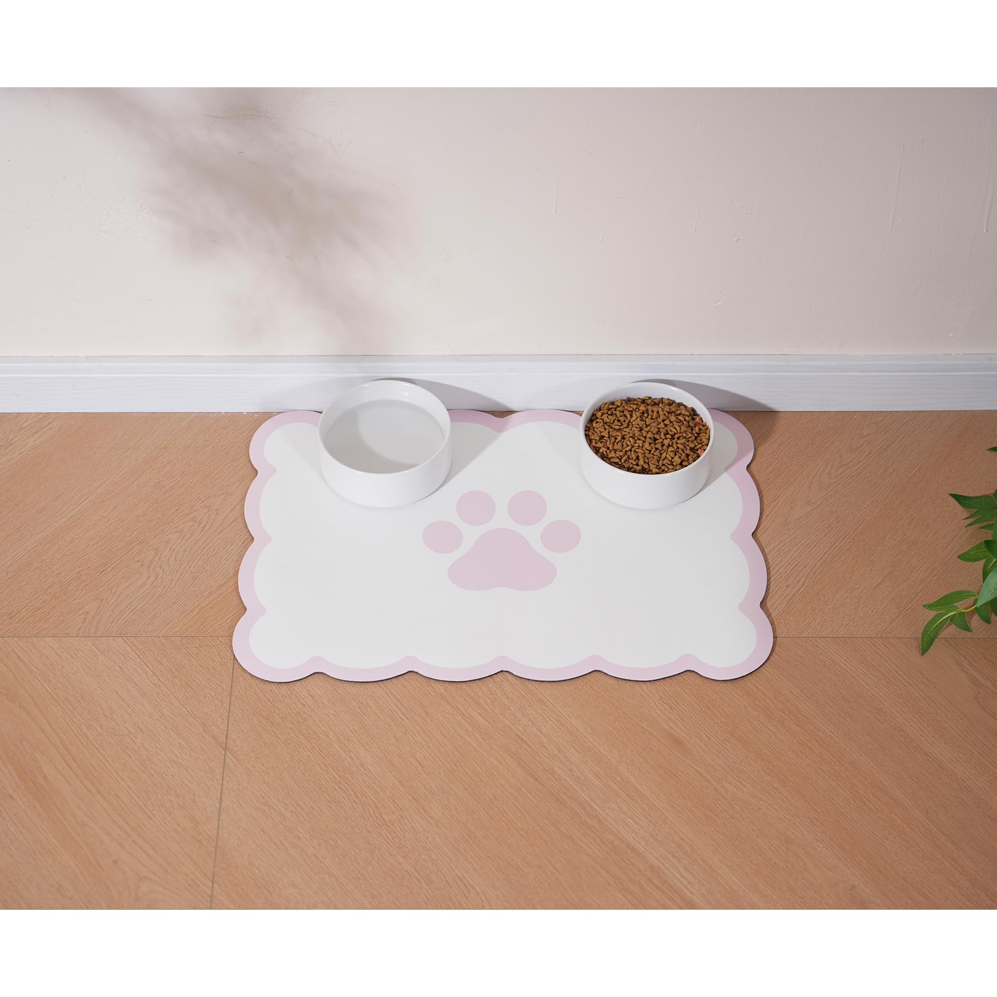 Ralxion tapis d'alimentation chien/chat, bordures ondulées rose pastel, anti-dérapant et absorbant.
