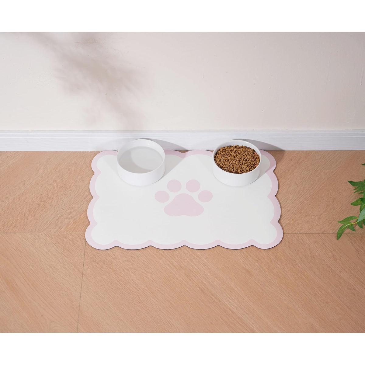 Ralxion tapis d'alimentation chien/chat, bordures ondulées rose pastel, anti-dérapant et absorbant.