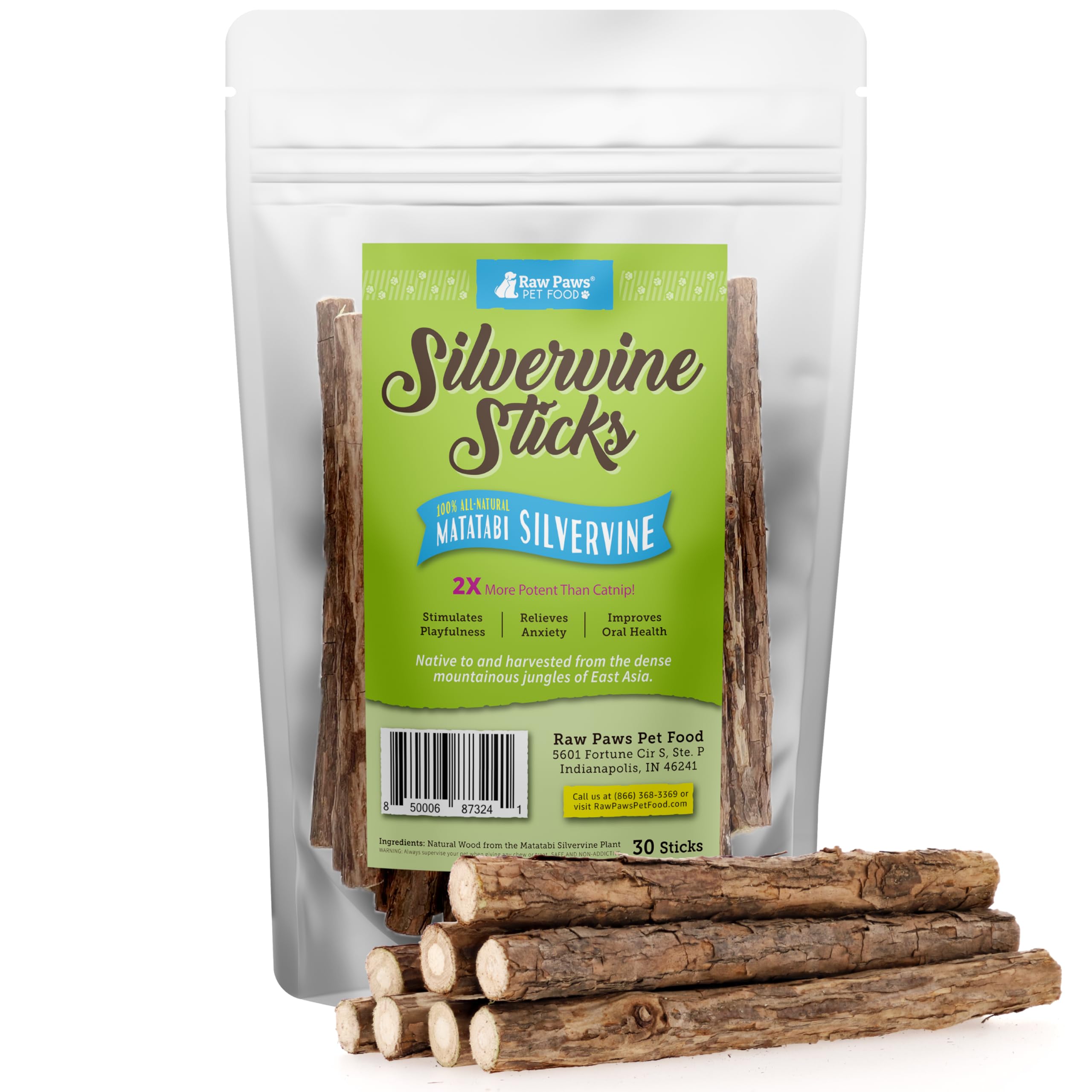 Raw Paws batons silvervine pour chat intérieur, favorisant le jeu et la détente.