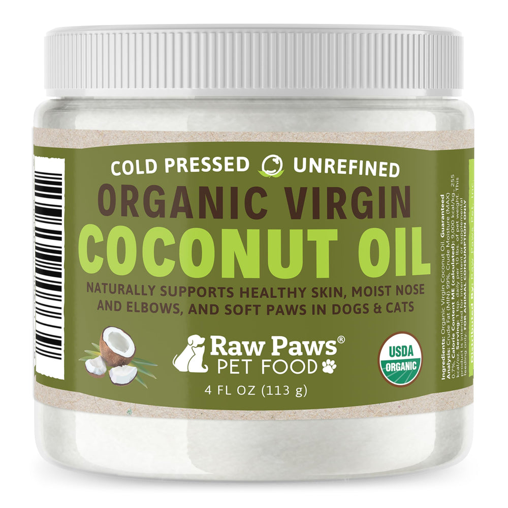 Raw Paws huile coco bio - bouteille 4 oz, soin hydratant pour peau et pelage.