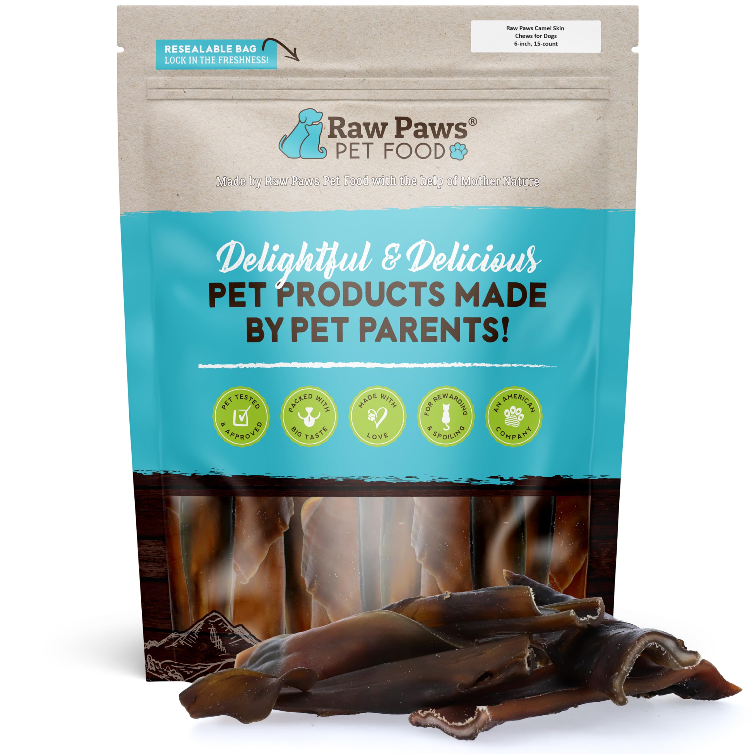 Raw Paws Camel Skin Chews – emballage du produit, alternative naturelle sans rawhide.