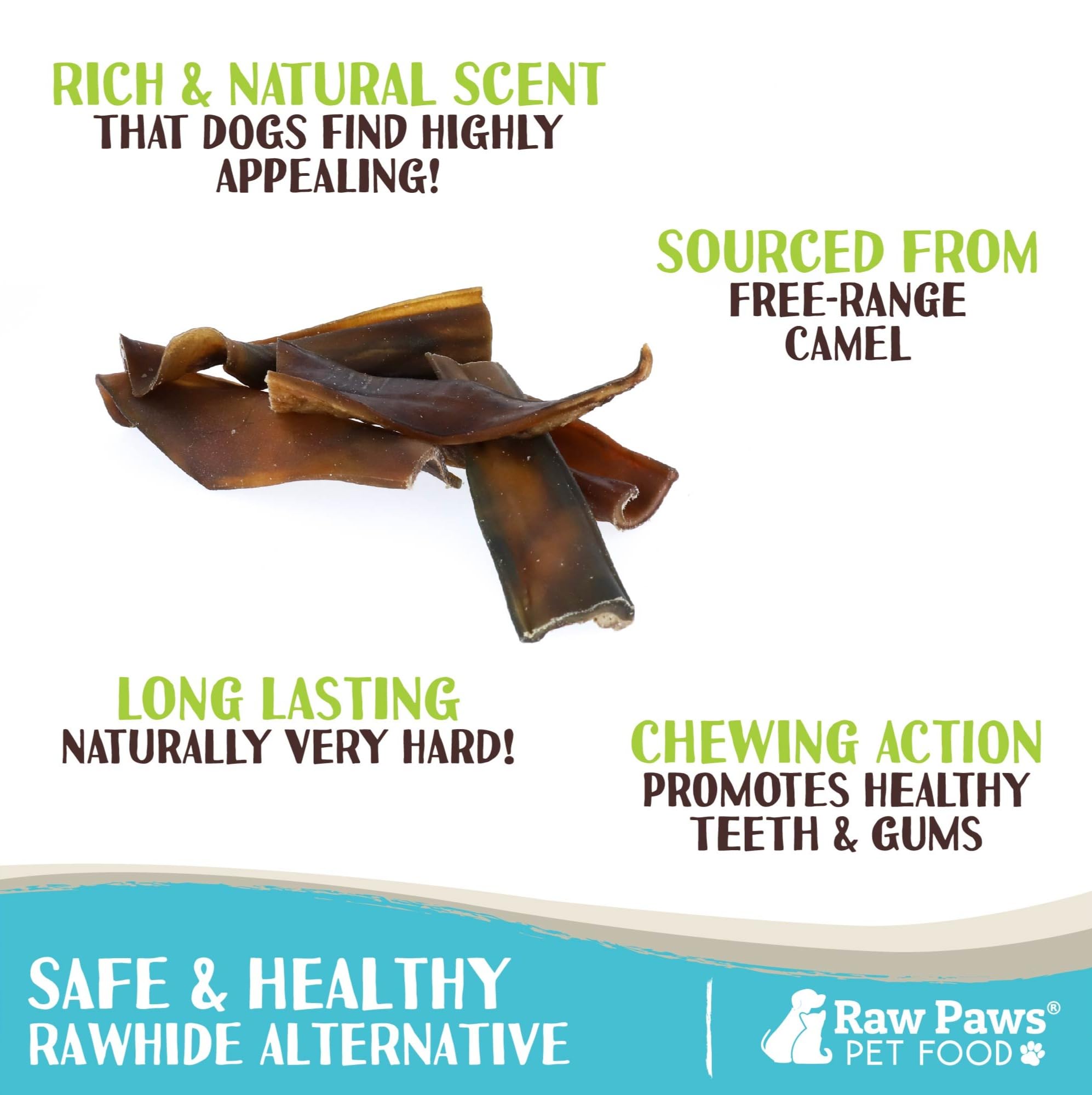 Raw Paws Camel Skin Chews – texture naturelle pour une mastication durable.