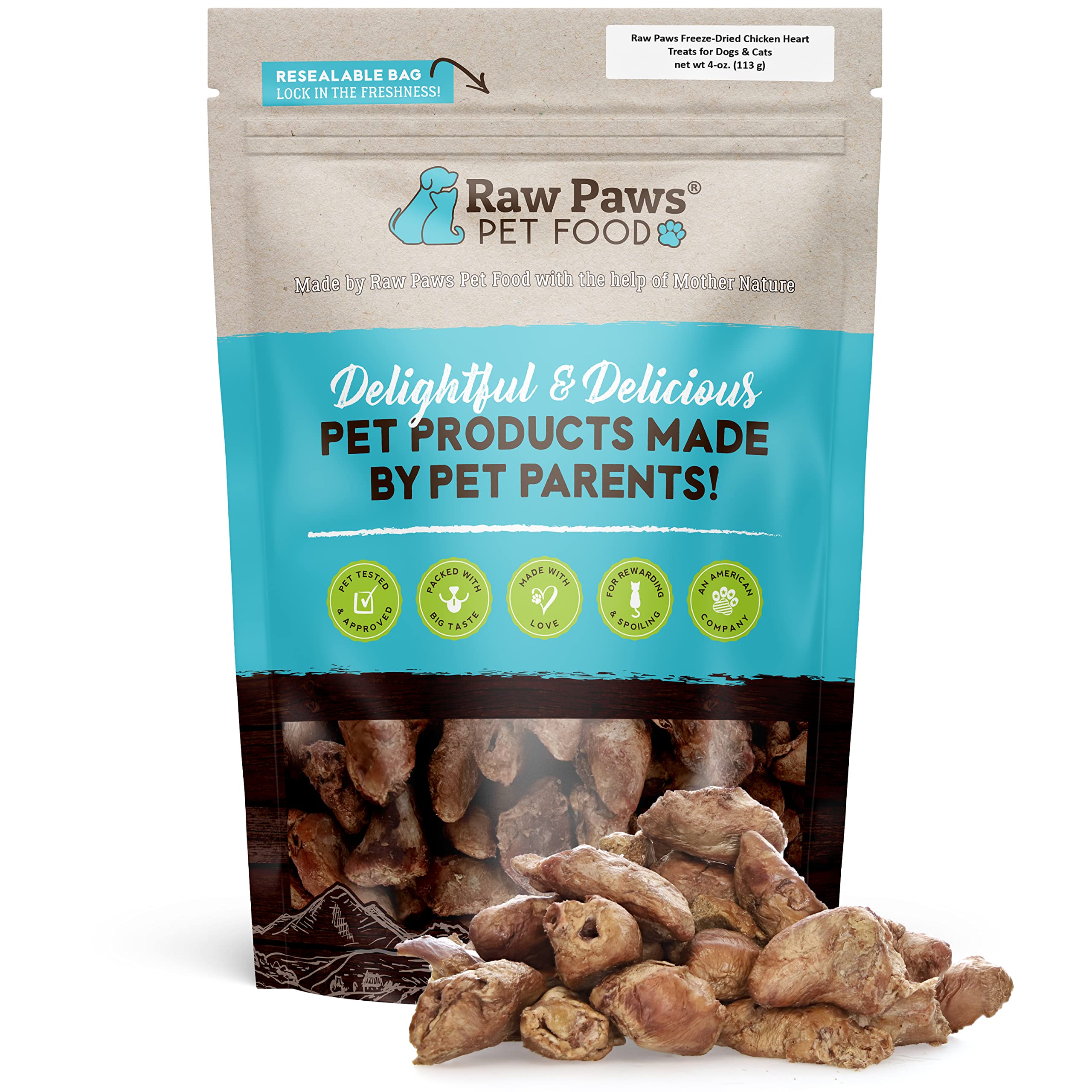 Raw Paws coeurs de poulet entier séchés dans l'emballage 4 oz, prêt à servir
