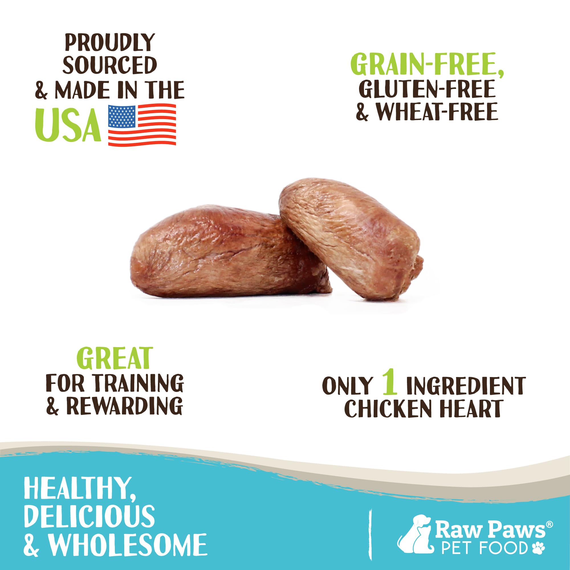 Raw Paws coeurs de poulet entier séchés, petits morceaux faciles à doser