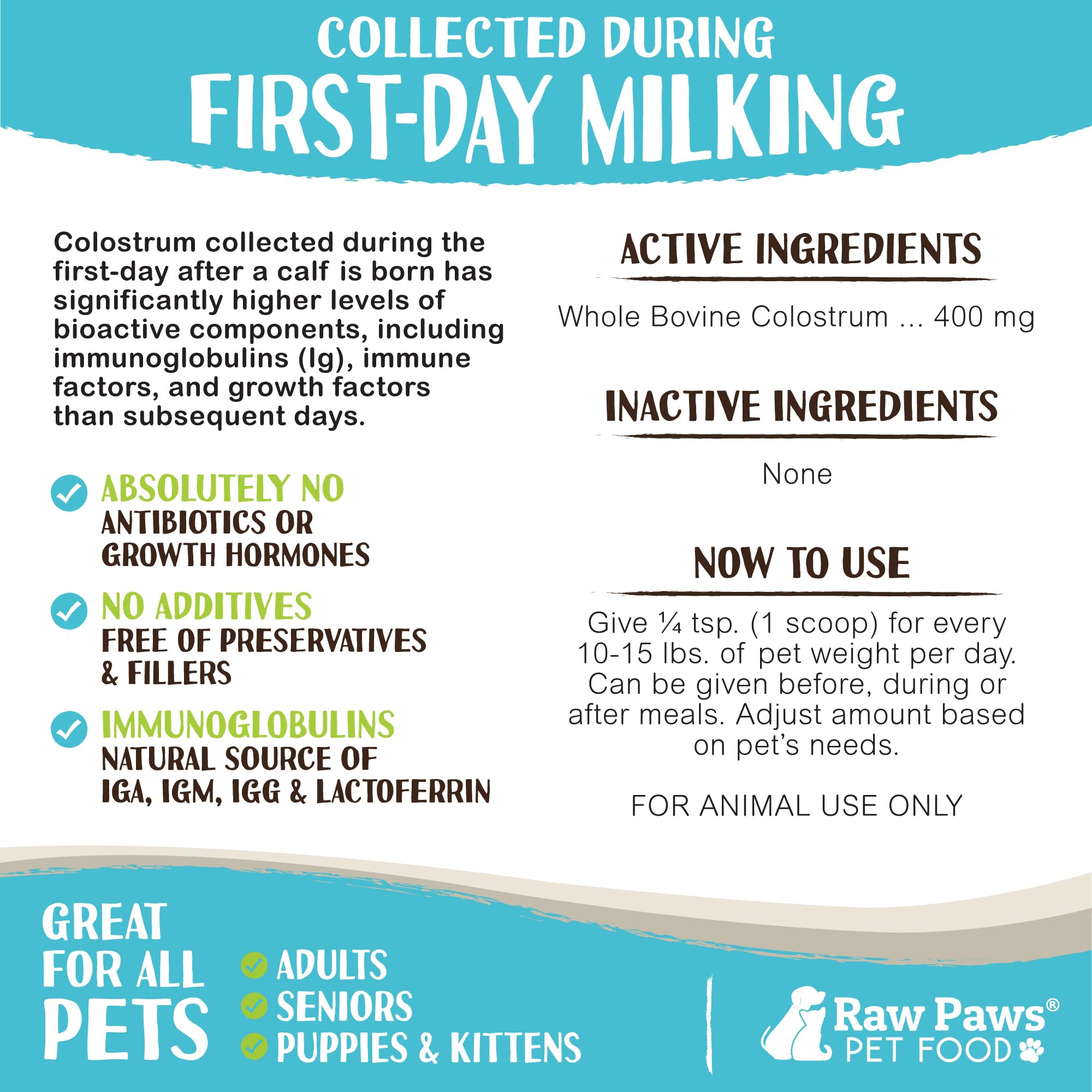 Emballage Raw Paws Colostrum bovin en poudre, pratique à utiliser.