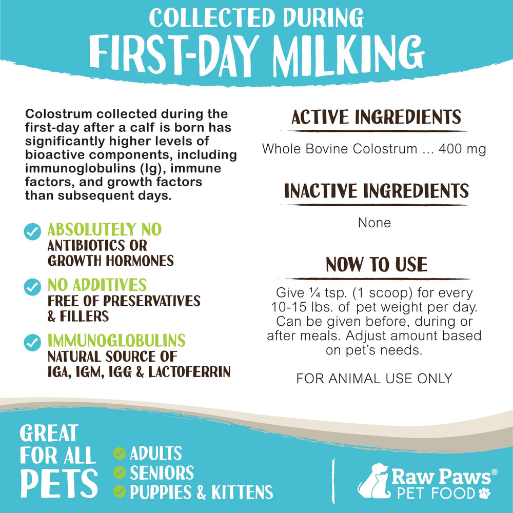 Emballage Raw Paws Colostrum bovin en poudre, pratique à utiliser.