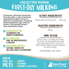 Emballage Raw Paws Colostrum bovin en poudre, pratique à utiliser.