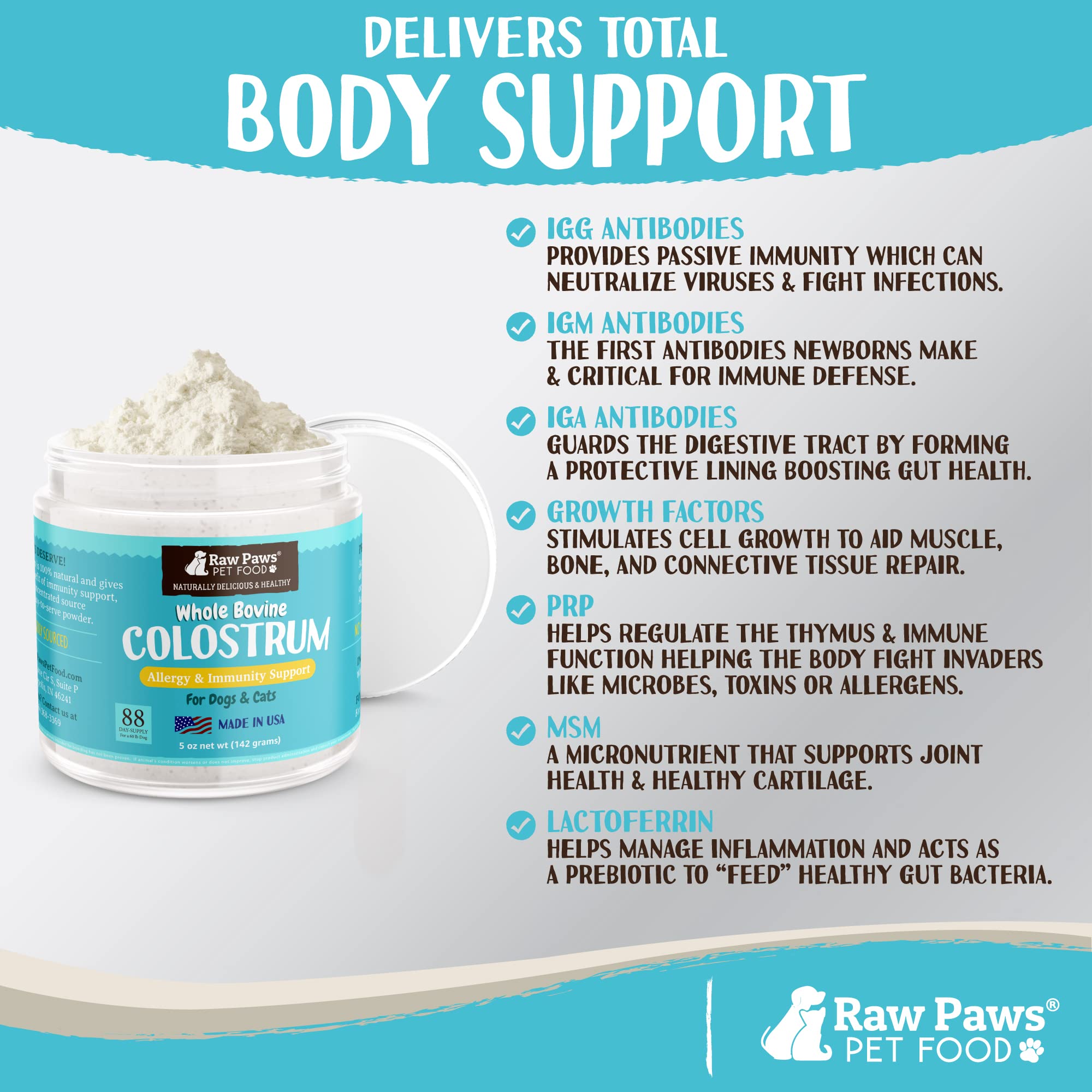 Portions quotidiennes en poudre Raw Paws Colostrum bovin.