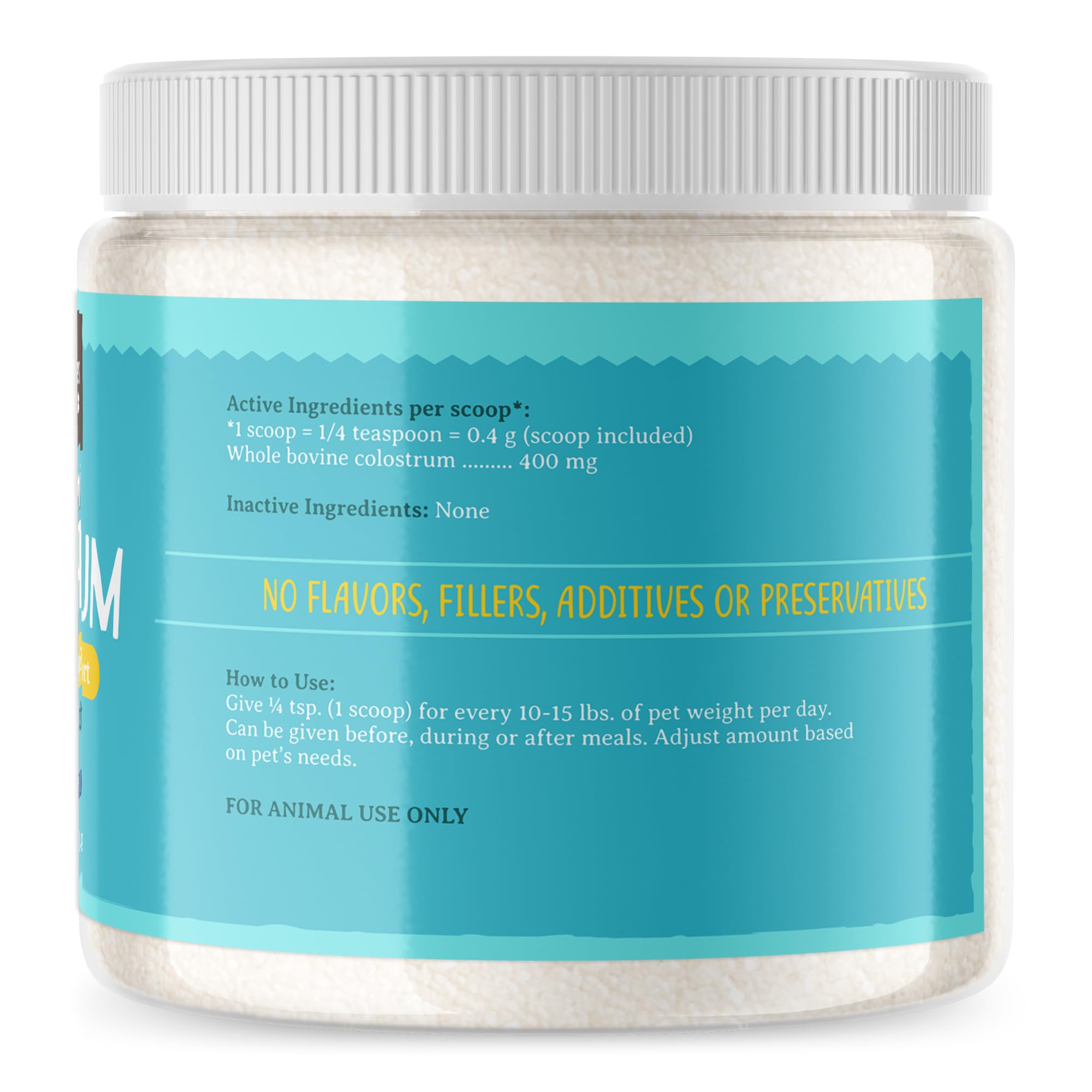 Flacon Raw Paws Colostrum bovin en poudre, facile à ajouter au repas.
