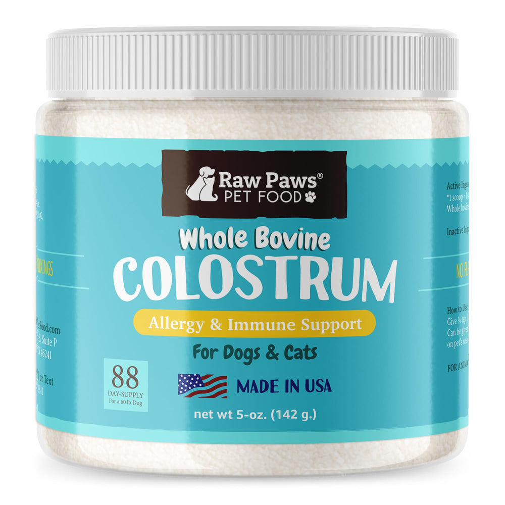 Raw Paws Colostrum bovin en poudre pour chiens et chats, soutien immunitaire potentiel.