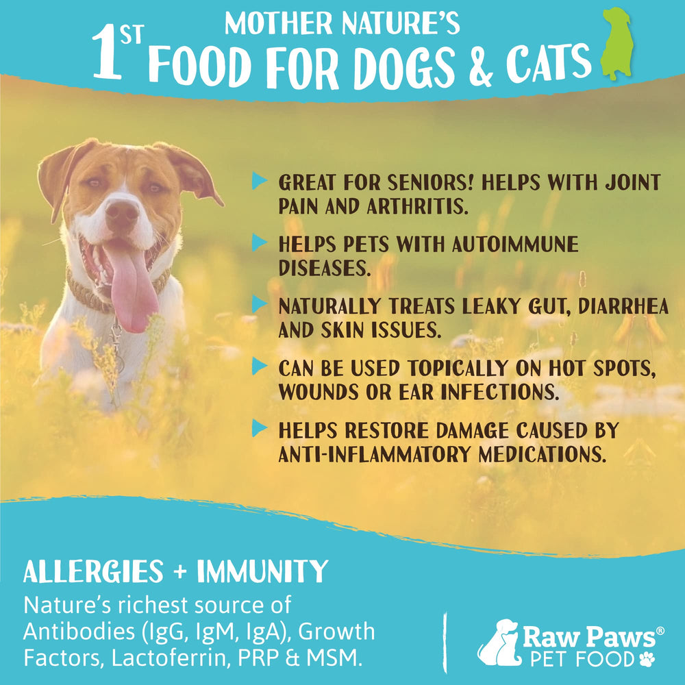Utilisation quotidienne Raw Paws Colostrum bovin en poudre, digestion et immunité.